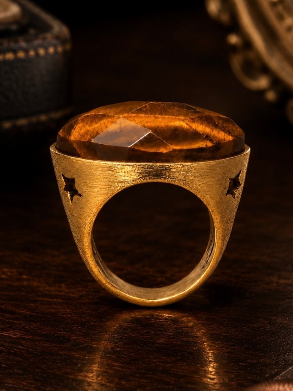 Faceted Tiger Eye Statement Ring Size 6 Brushed Gold Cutout Star Celestial Boho